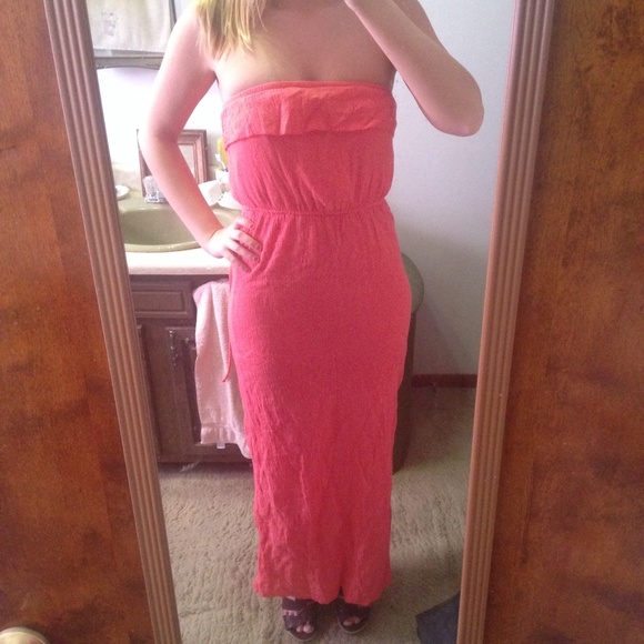 Long Strapless Peach Colored Dress