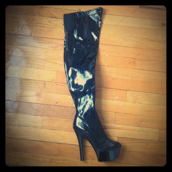 Thigh high latex heeled boots