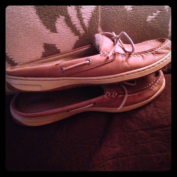 Womens, slip on, backless, tan sperry loafers