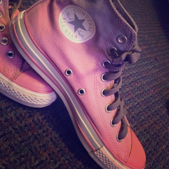 Pink and gray high top converse