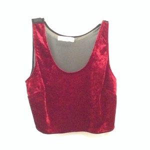 Maroon/red velvet crop tank.