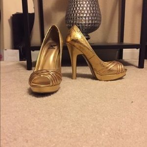 Gold Snake Print Open Toe Heels