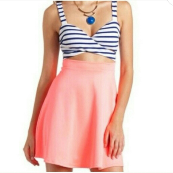 Navy and white, neon pink fit & flare dress