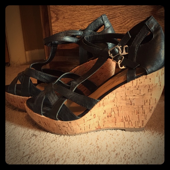 Strappy  black wedge sandals, size 10