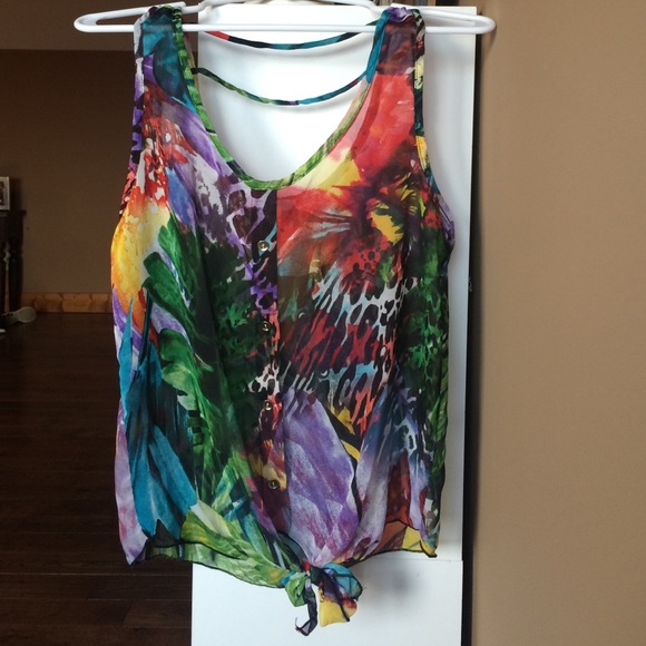 Colorful, sheer, tank, with tie and buttons