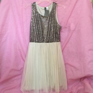 Pewter and champagne sequin and tulle party dress
