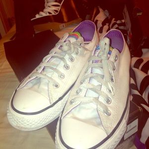 White with multi color tongues converse