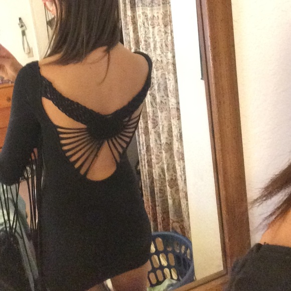 Backless black fringe dress