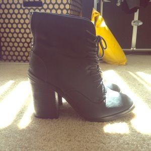 Navy blue boots, with wooden heels