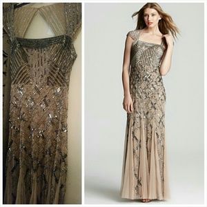 Beige Cap Sleeve Criss Cross Beaded Prom Gown