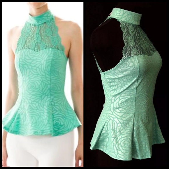 D5 Mint Green Textured Rose Lace Trim Stretch Top - Picture 2 of 4