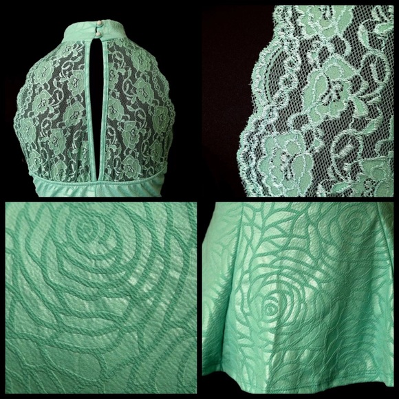 D5 Mint Green Textured Rose Lace Trim Stretch Top - Picture 4 of 4