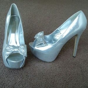 Silver Platform Pumps with Bows Like New!