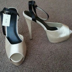 Champagne & Black Satin Strappy Peeptoe Sandals
