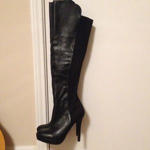 Thigh high black faux leather boots