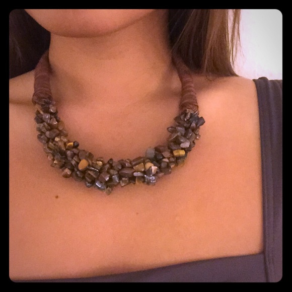 Unique wrapped thread and stone necklace - brown