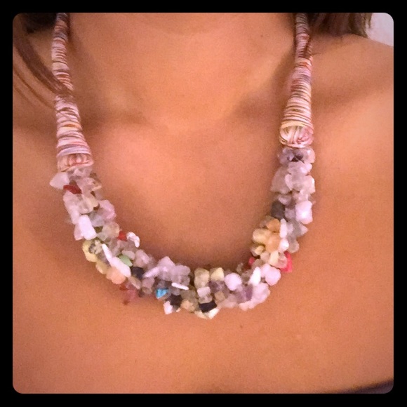 Unique wrapped thread and stone necklace - multi