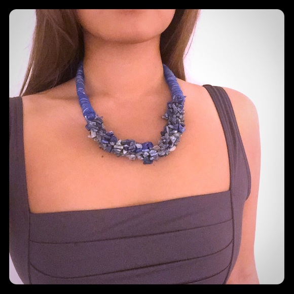 Unique wrapped thread and stone necklace - blue