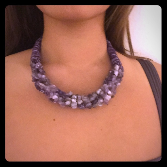 Unique wrapped thread and stone necklace - purple