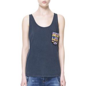 Zara Trafaluc Washed Blue Beaded Pocket Tank Top