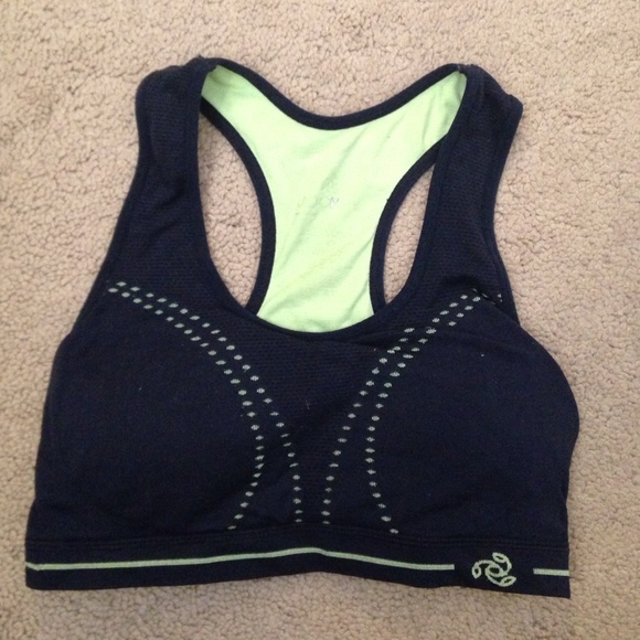 Navy blue and green sports bra running top.