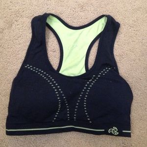 Navy blue and green sports bra running top.