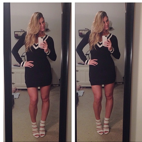 Deep V Black and White Sweater Dress