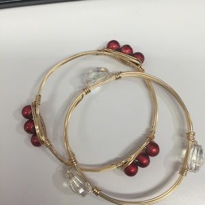 2 wire bangles with red beads and clear hearts