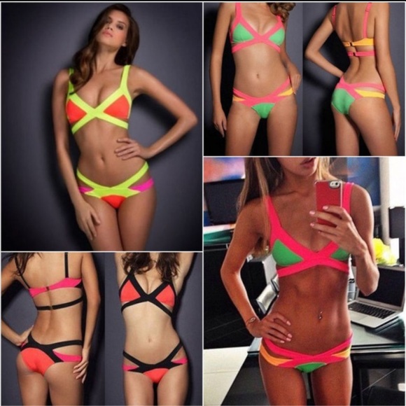 Pink, red and black color block 2 piece swim suit