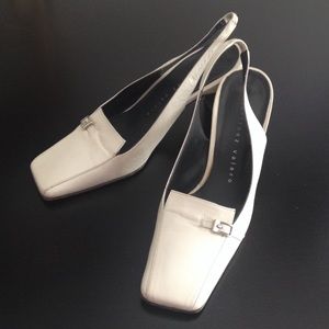 White square toe sling back heels
