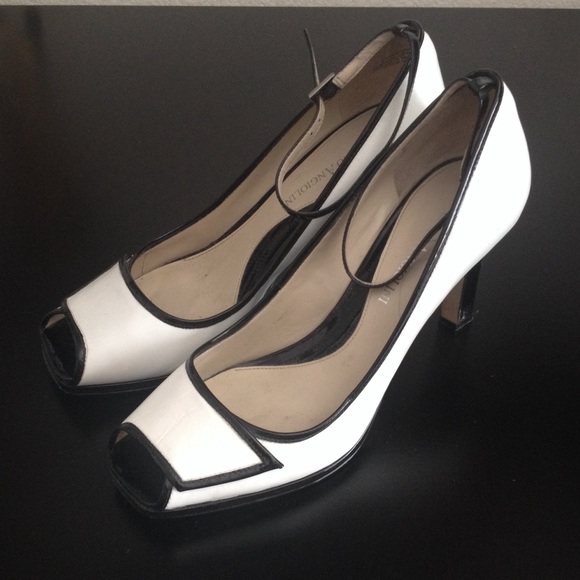 Black and white ankle strap heels