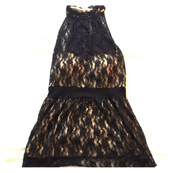 Floral Black Lace Halter Top with Beige Slip