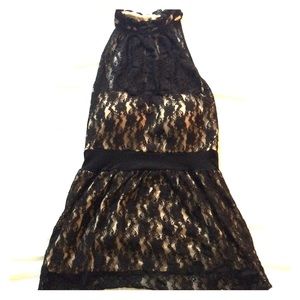 Floral Black Lace Halter Top with Beige Slip