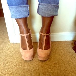 Salmon Mary Jane style wedges