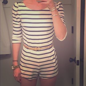 Ark & Co Navy & white striped romper w/ gold belt