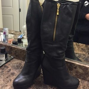 Steven sz 8 wedge black leather high boots