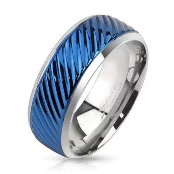 Stainless steel, blue diagonal grove band ring