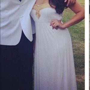 Long white maxi dress with gold detailing on top