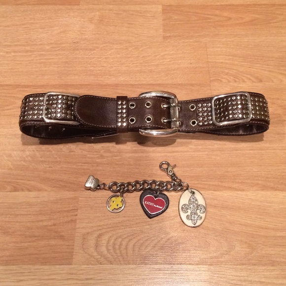 Chocolate brown leather studded belt & keychain