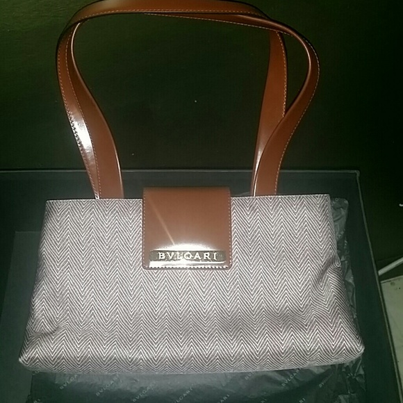 Brand New BVLGARI Tweed and Leather Trim Handbag