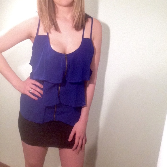 Cobalt blue ruffled front-zip tank top