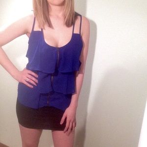 Cobalt blue ruffled front-zip tank top