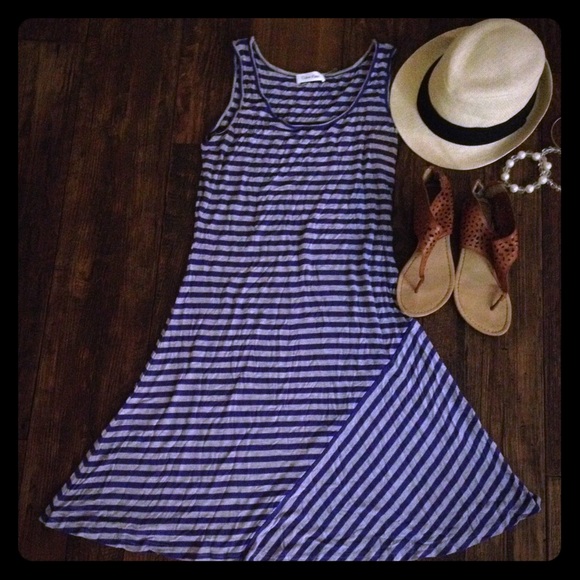 Navy and grey striped fit and flare dress