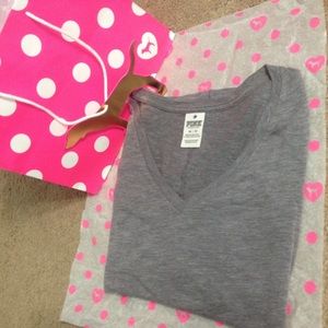 PINK gray long sleeve v neck shirt
