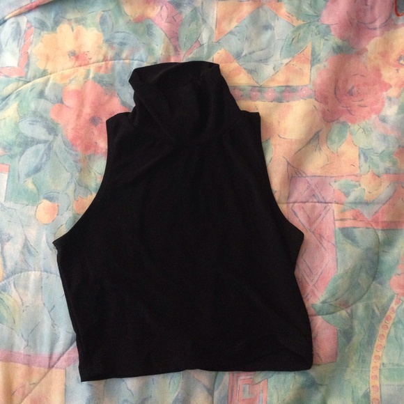 Black turtle neck crop top with keyhole back