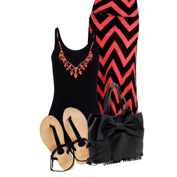 Coral and Black Chevron Maxi Skirt/ Beach Cover-up