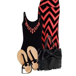 Coral and Black Chevron Maxi Skirt/ Beach Cover-up
