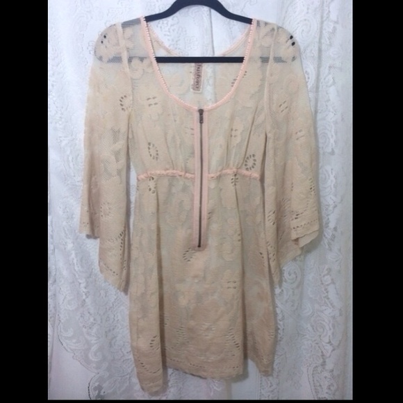 Free People Cream & Peach Floral Lace Mesh Dress