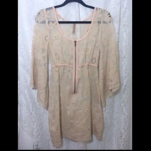 Free People Cream & Peach Floral Lace Mesh Dress