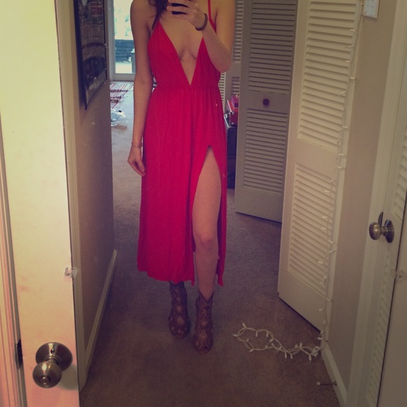 Red low cut, backless dress